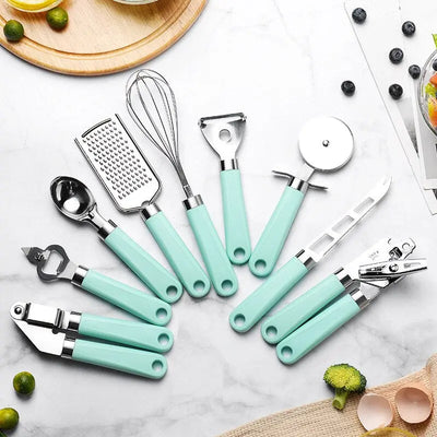 9 Pcs Stainless Steel Kitchen Utensil Set Cooking Tools Gadget with Can Opener Garlic Cheese Grater Knife Pizza Cutter Whisk eprolo